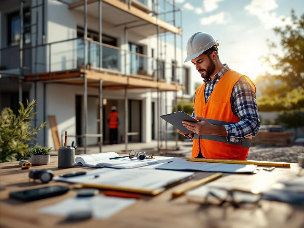Bouwinspecteur met veiligheidsvest en tablet documenteert woning met steigers voor bouwkeuring
