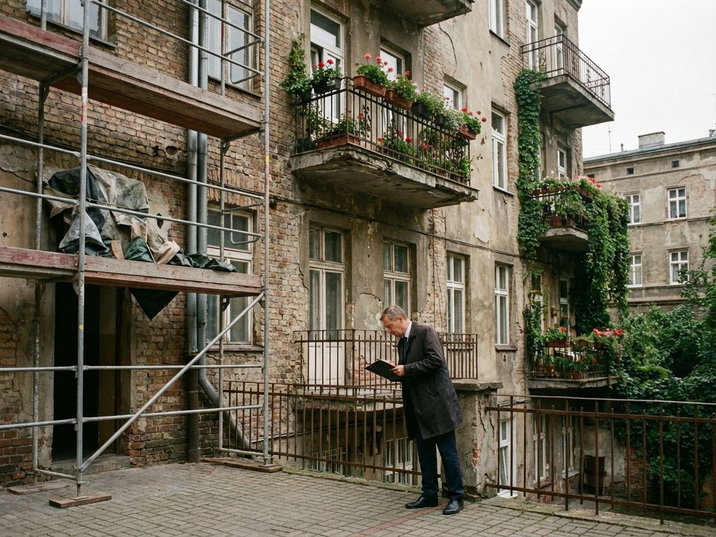 Inspecteur met klembord onderzoekt verweerde gevel van appartementencomplex met steigers, bakstenen textuur en balkons met planten