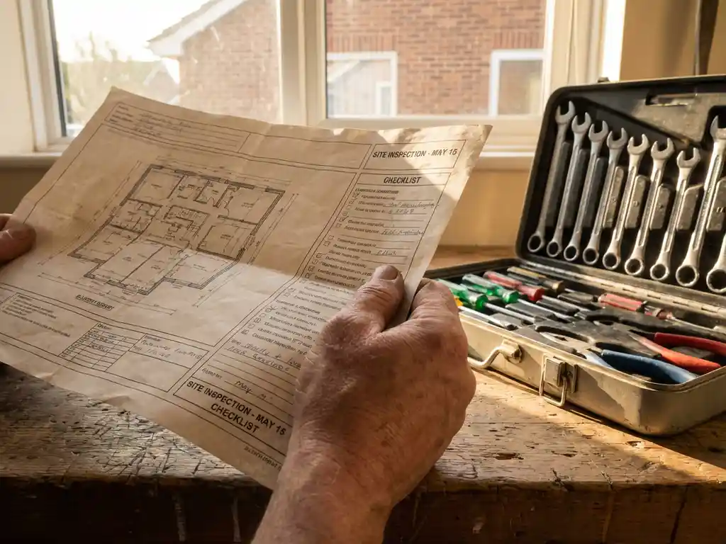 Verweerde hand houdt architectonisch inspectierapport met plattegronden op houten werkbank naast gereedschapskist