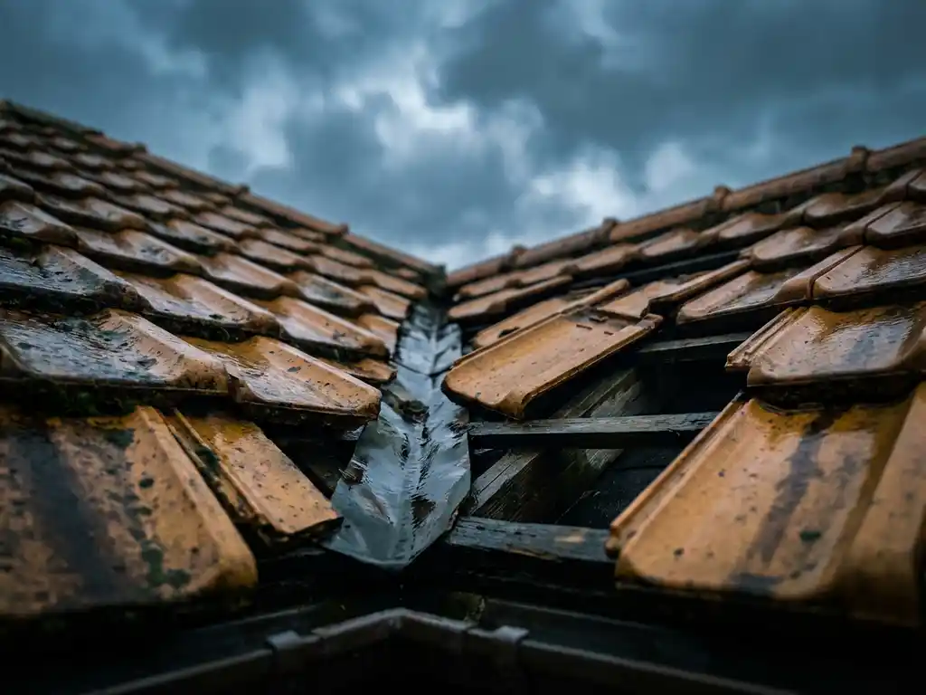 Beschadigde dakpannen op woonhuis met scheuren en waterophoping, donkere onweerswolken op achtergrond