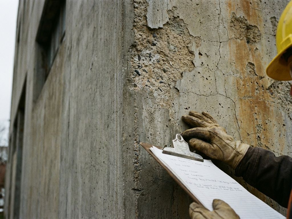 Inspecteur met klembord onderzoekt betonnen gevel met haarscheurtjes en afschilfering, close-up van gehandschoende hand