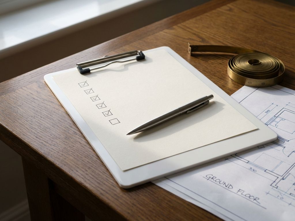 Wit klembord met checklist en zilveren pen op houten bureau, meetlint en architecturale plattegronden, natuurlijk licht.