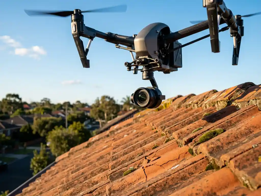 Professionele drone met zichtbare camera inspecteert terracotta dakpannen van woonhuis in warm namiddaglicht