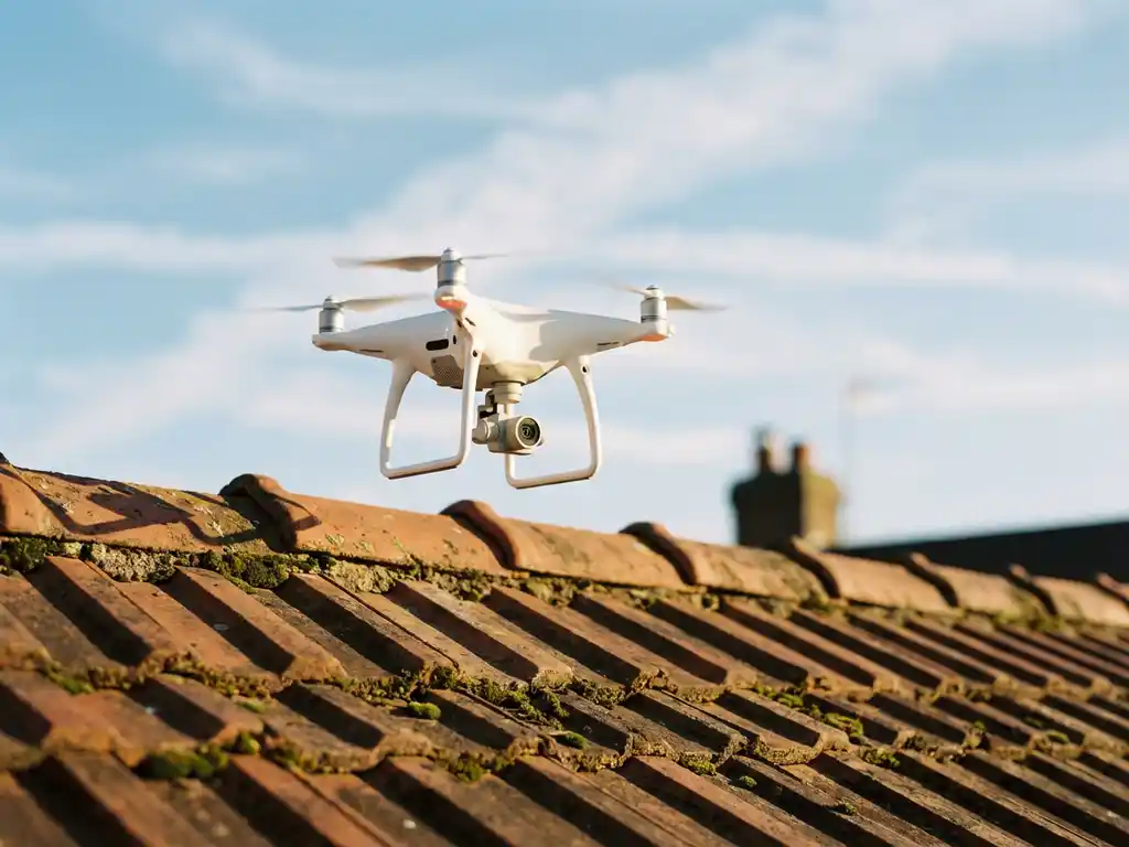 Witte drone inspecteert terracotta dakpannen met mos op woonhuis in warm middaglicht tegen blauwe lucht