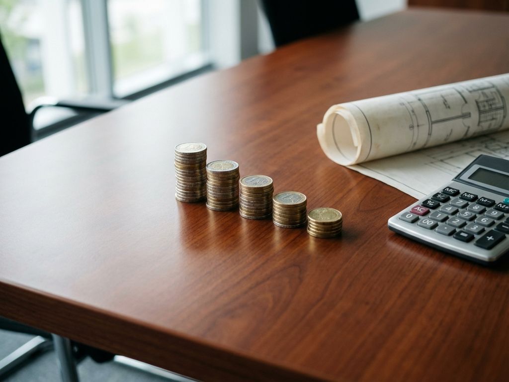 Vijf stapels euromonten in aflopende hoogte op mahonihouten vergadertafel met rekenmachine en bouwplattegrond