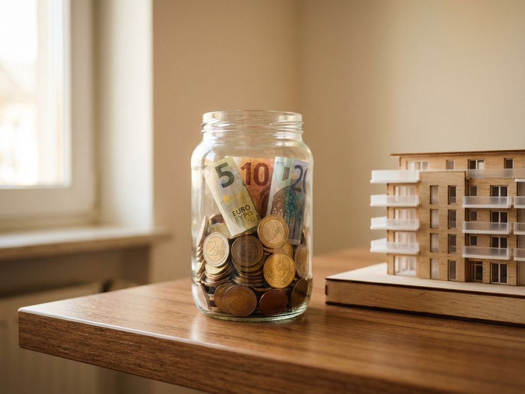 Glazen pot halfvol met euromunten en bankbiljetten naast een miniatuur appartementengebouw op een houten bureau