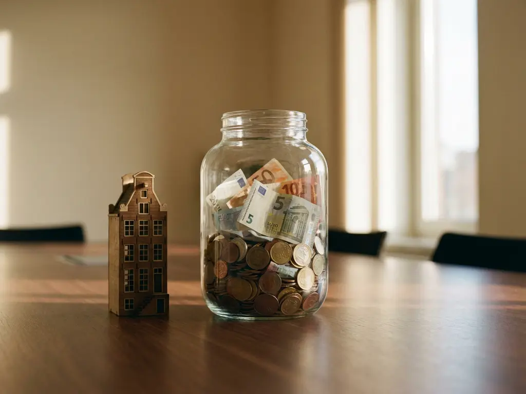 Glazen pot gevuld met euromunten en bankbiljetten naast een maquette van een Nederlands appartementengebouw op een houten tafel