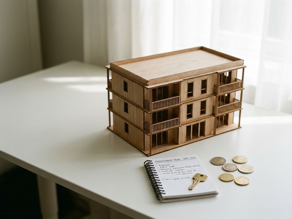 Houten maquette van appartementengebouw met onderhoudsplan, sleutel en euromunten op wit bureau in natuurlijk licht