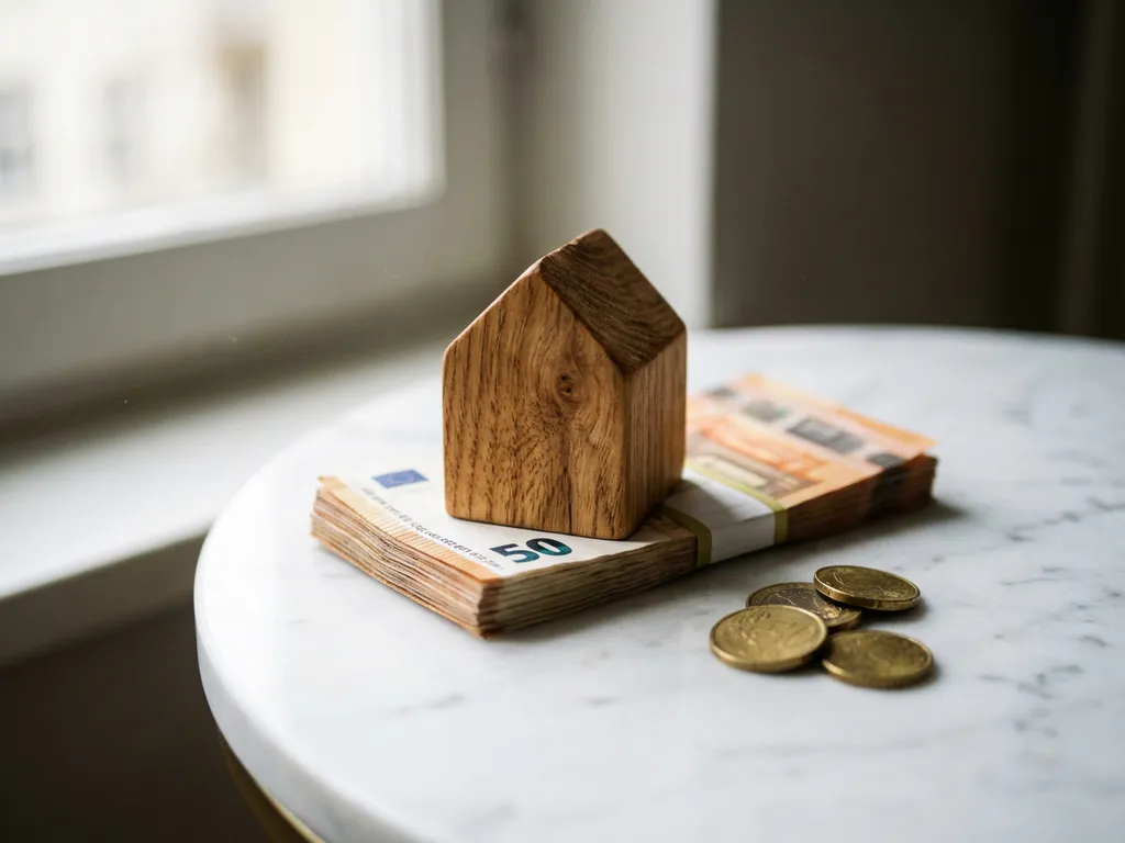 Houten miniatuurhuis op een stapel eurobiljetten met gouden munten op wit marmer in warm natuurlijk daglicht