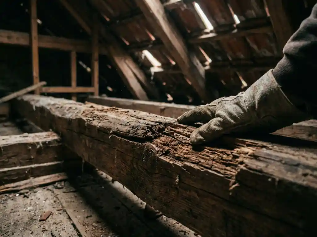 Behandschoende hand drukt op verrotte houten dakbalk met sponsachtige textuur, zichtbare houtrot in zolderconstructie