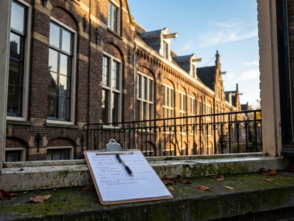 Klembord met onderhoudsdocumentatie op verweerde vensterbank voor sierlijk Nederlands appartementengebouw in ochtendlicht