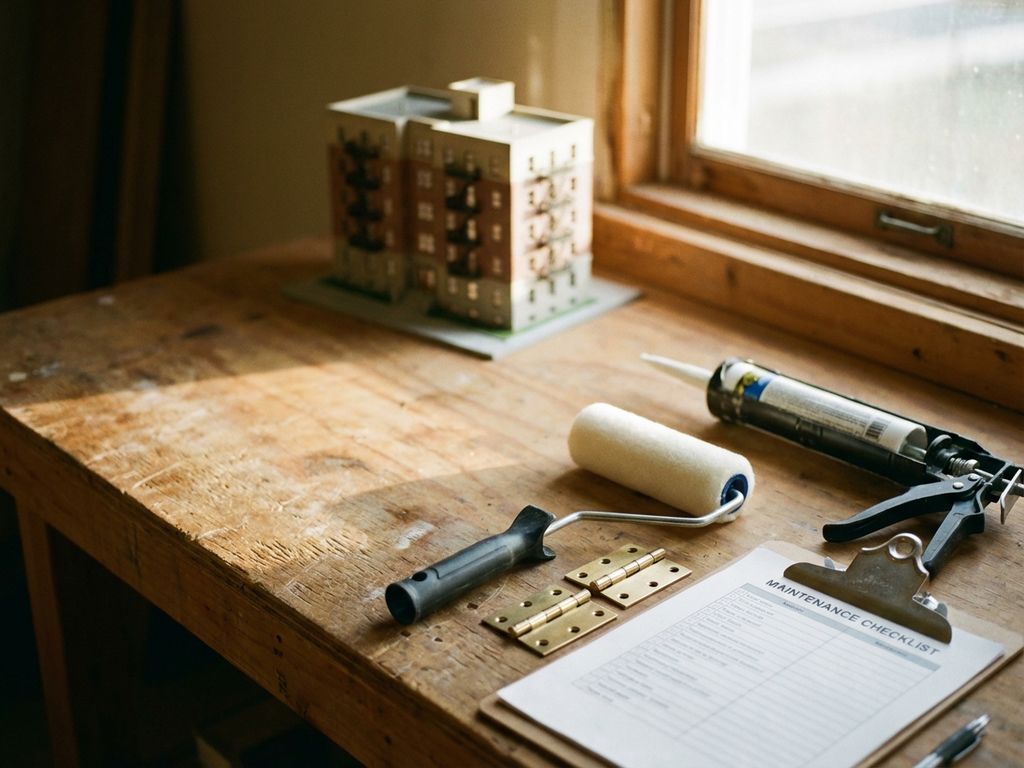 Onderhoudswerkplaats met verfroller, kitpistool, deurscharnieren en checklist op tafel, appartementenmodel op achtergrond