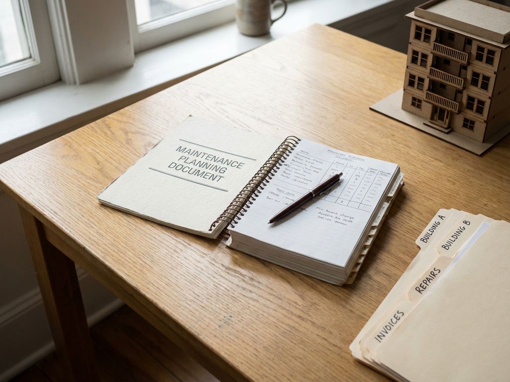 Opengeslagen onderhoudsplanningsdocument op houten bureau met pen, mappen en architectuurmaquette in natuurlijk daglicht