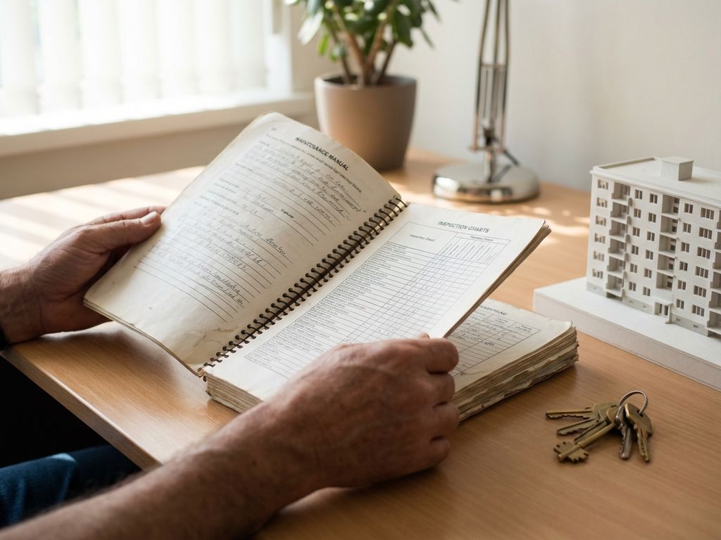 Handen houden een onderhoudsplanningsdocument open op een bureau naast gebouwsleutels en een architectuurmodel