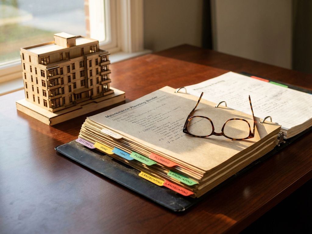 Geopende onderhoudsplanningmap met gekleurde tabbladen op houten bureau, naast architectuurmodel van appartementencomplex en leesbril.