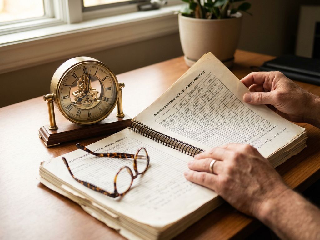 Handen van vastgoedbeheerder houden onderhoudsplanning vast op houten bureau, analoge klok en leesbril in ochtendlicht