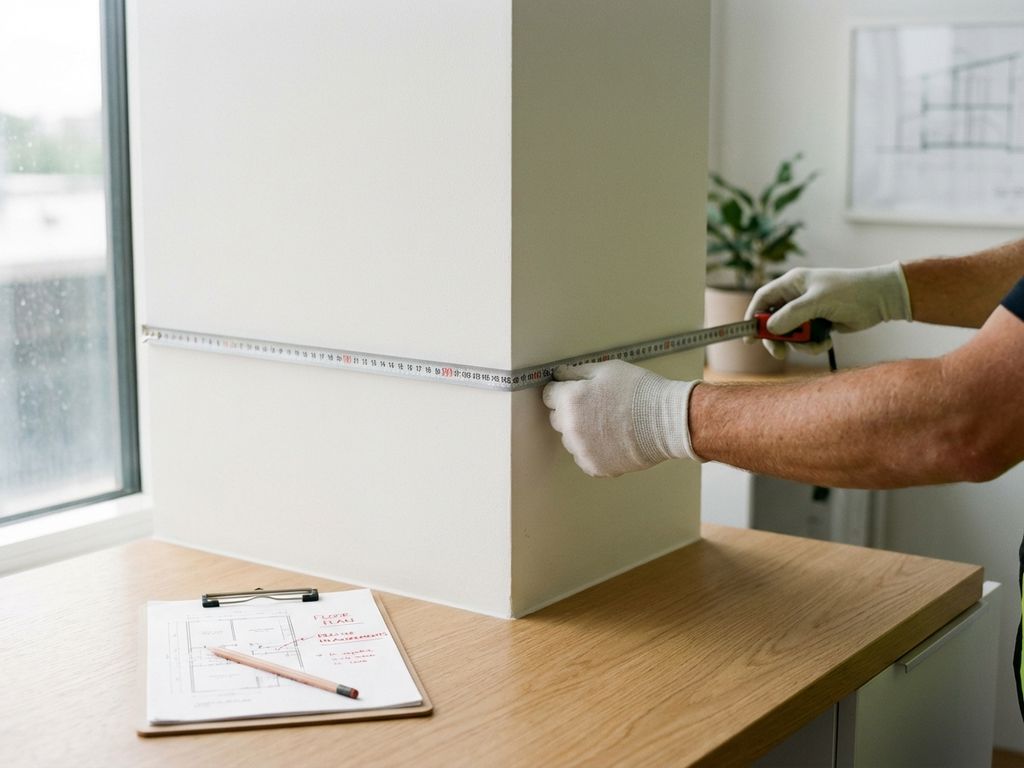 Landmeter meet muurhoek met meetlint, plattegrond op klembord op houten bureau, natuurlijk kantoorlicht