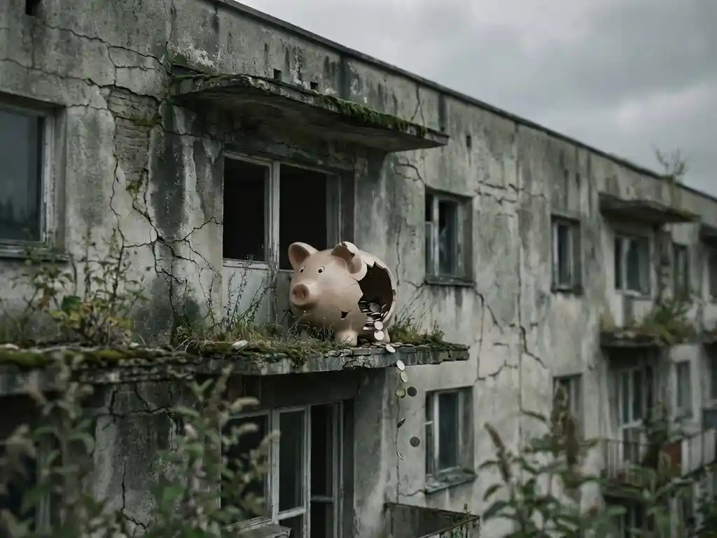 Keramisch spaarvarken met vallende munten op verweerde balkonrand van vervallen betonnen flatgebouw onder grijze lucht