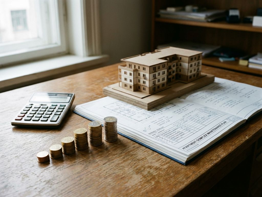 Euromunten in oplopende stapels naast architectuurmodel van appartementencomplex op houten bureau met onderhoudsplanning