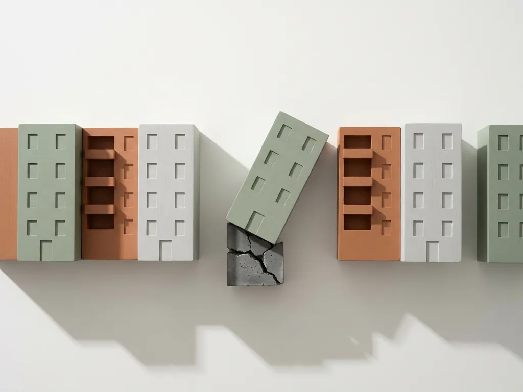 Minimalistische appartementenblokken op wit oppervlak, één scheef met gebarsten fundering, in saliegroen en terracotta tinten