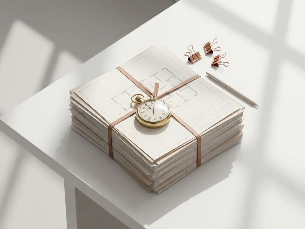 Gestapelde architectuurtekeningen en plattegronden op wit bureau met koperen stopwatch, minimalistisch bovenaanzicht met zachte schaduwen.