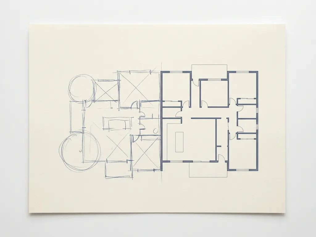 Architecturale blauwdruk met geometrische gebouwcontouren, van losse schetsen links naar gedetailleerde plattegronden rechts, marineblauw op crèmekleurig papier.