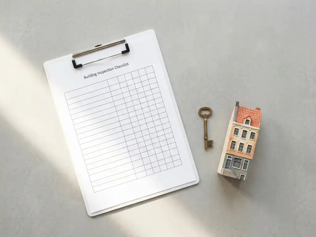 Bouwkundige inspectiechecklist op klembord naast messing sleutel en miniatuur grachtenpand op betonnen ondergrond in zacht ochtendlicht.