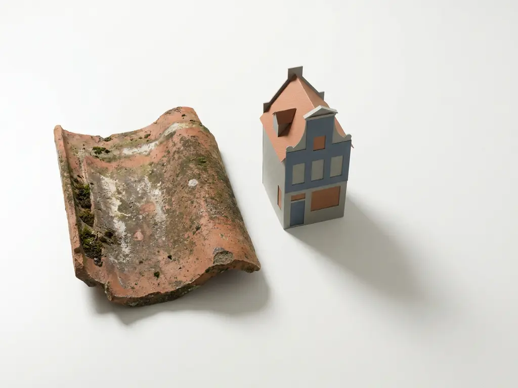 Verweerde dakpan van klei naast miniatuur model van Nederlands huis op wit oppervlak, terracotta en grijstinten.