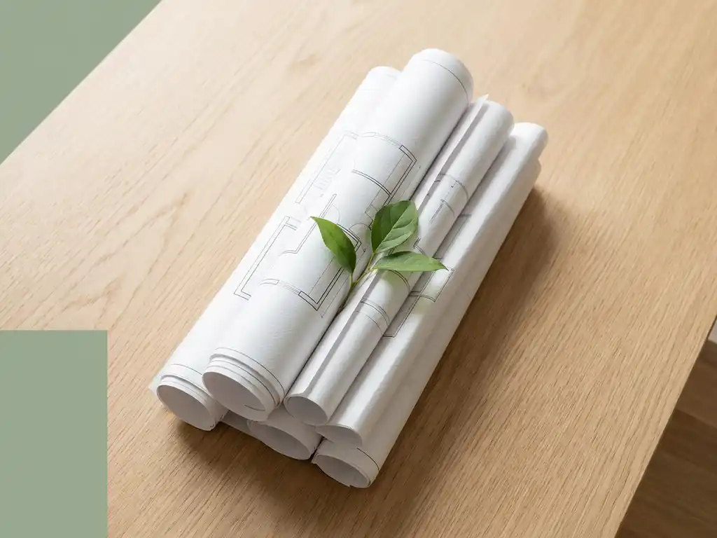 Stapel witte architecturale plattegronden met groen blaadje ertussen, op licht eiken tafel in natuurlijk daglicht.