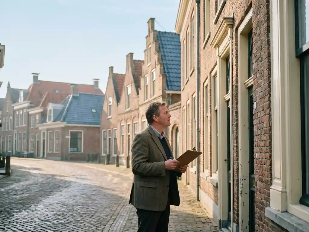 Vastgoedeigenaar met klembord inspecteert verweerde bakstenen gevel van historisch grachtenpand in Sneek bij ochtendlicht.
