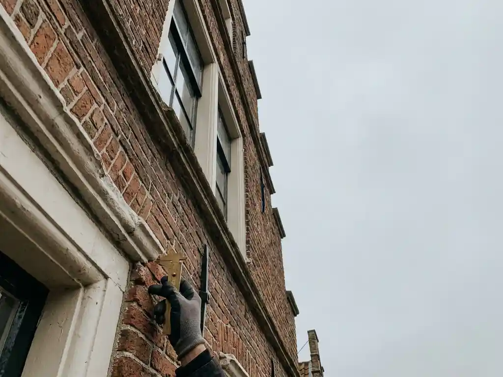 Hand met meetinstrument tegen verweerde rode bakstenen gevel van historisch Fries trapgevelpand met sierlijke witte kozijnen