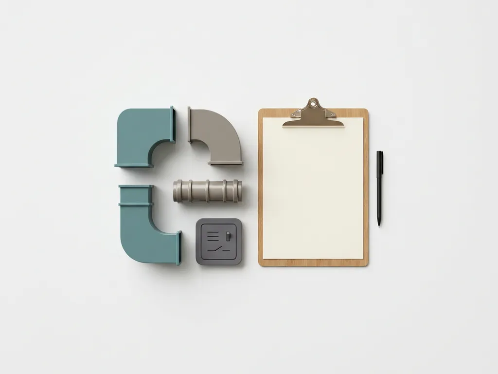 Minimalistische flatlay van HVAC-kanalen, waterleidingsegment en elektrisch paneel naast inspectie-klembord in gedempte groenblauw en grijstinten.
