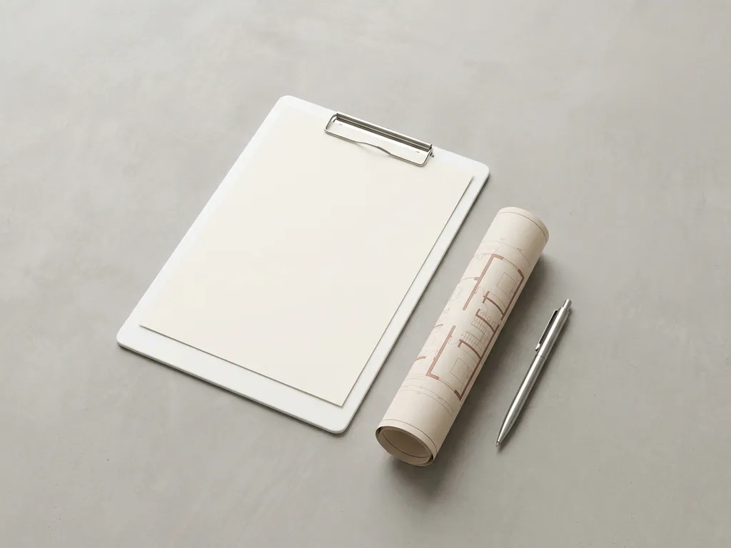 Wit klembord met leeg inspectieformulier op betonnen ondergrond naast architectonische plattegrond en zilveren pen, minimalistisch bovenaanzicht.