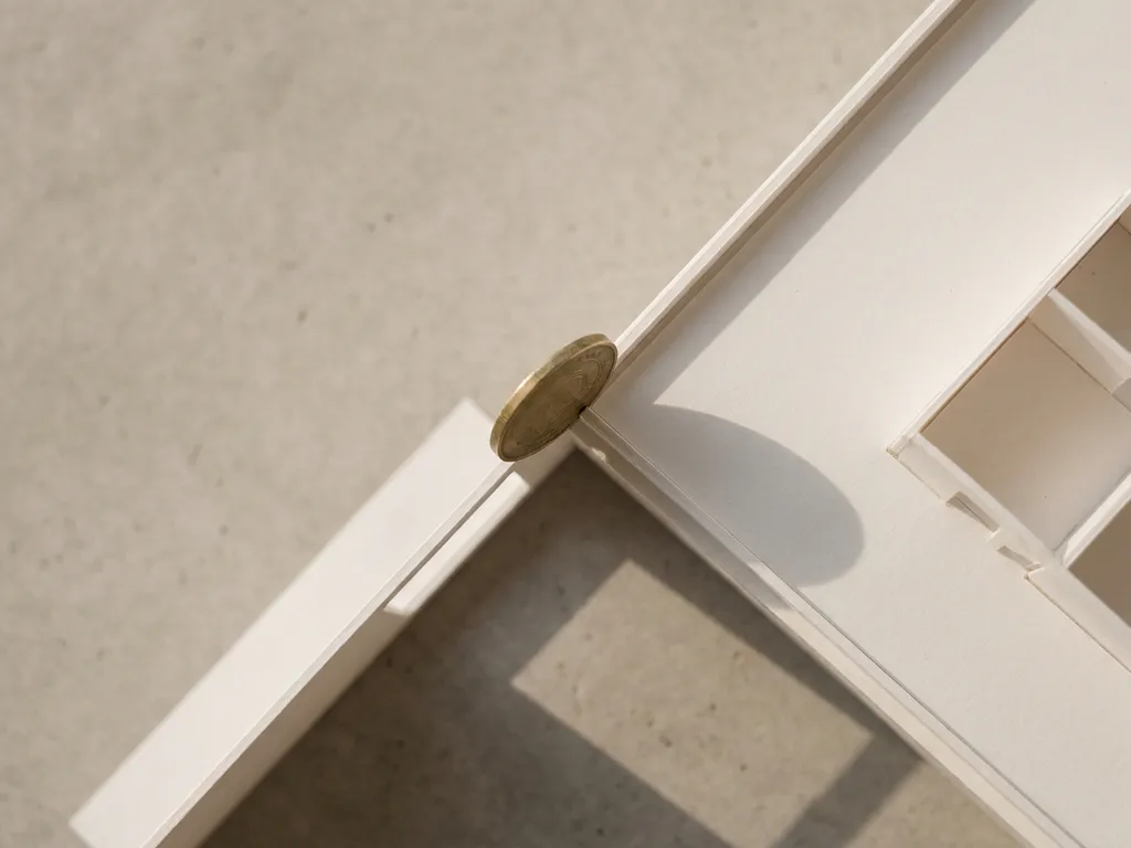 Koperen munt balanceert op de rand van een wit architectuurmodel van een appartementengebouw, met geometrische schaduw op grijs oppervlak.