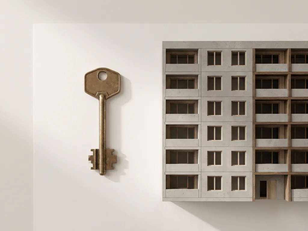 Messing sleutel naast miniatuur appartementencomplex op witte ondergrond, zacht natuurlijk licht