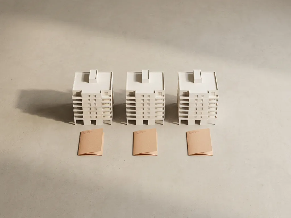 Drie witte miniatuur appartementengebouwen op betonnen ondergrond met papieren documenten ervoor, bovenaanzicht in natuurlijk licht.