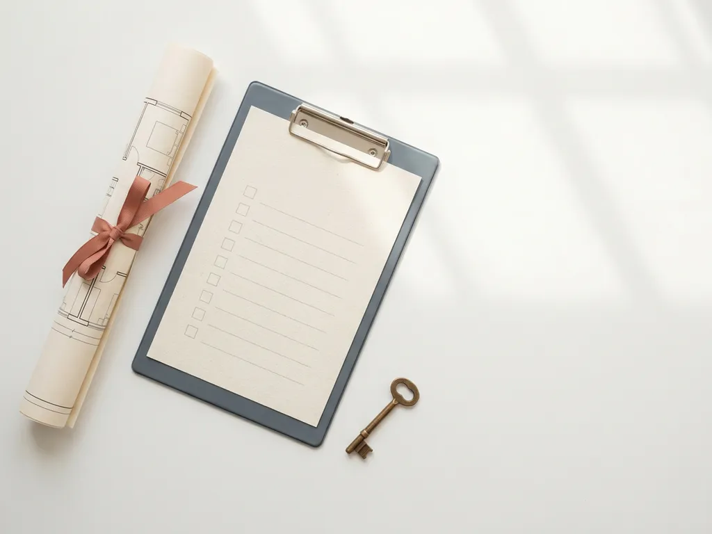 Vastgoeddocumenten op wit bureau: opgerolde bouwtekening, klembord met inspectielijst en koperen sleutel in minimalistische compositie