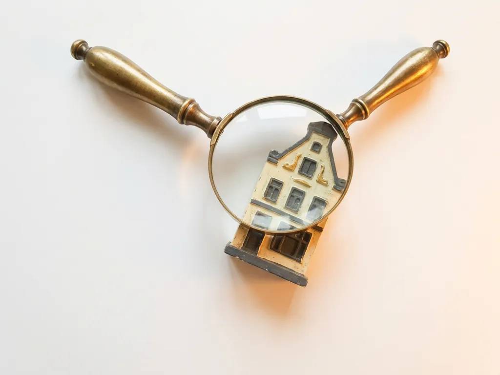 Messing vergrootglas zweeft boven miniatuur Nederlands grachtenpand met trapgevel, warme amberkleurige belichting op witte ondergrond.