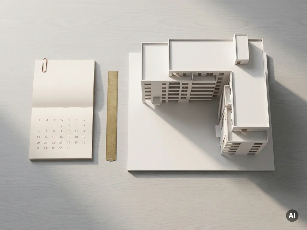 Wit architectonisch schaalmodel van appartementengebouw op bureau naast kalender en koperen liniaal, zachte ochtendverlichting.