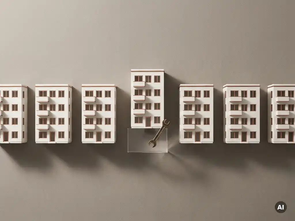 Rij witte miniatuur appartementenmodellen op grijs oppervlak, één gebouw verhoogd met koperen moersleutel ernaast.