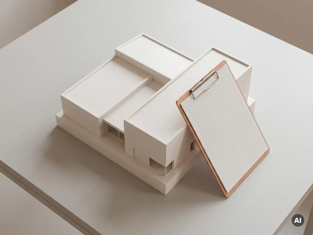 Wit architectuurmodel van gemeenschapsgebouw met inspectie-klembord op lichtgrijze ondergrond, bovenaanzicht met zachte schaduwen