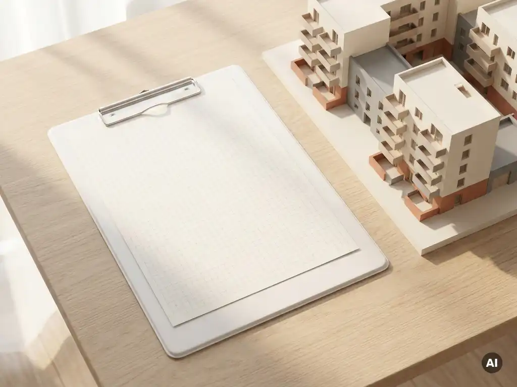 Wit klembord met rasterpatroon naast architectonisch schaalmodel van appartementen op licht eikenhouten bureau in zacht ochtendlicht