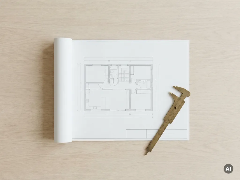 Witte architecturale plattegrond op licht eiken oppervlak met messing passer diagonaal geplaatst, minimalistisch design in zachte grijze en crèmetinten.