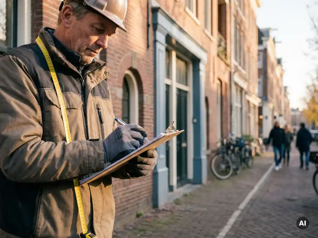 Bouwinspecteur met klembord onderzoekt gevel van traditioneel Nederlands bakstenen herenhuis in ochtendlicht.