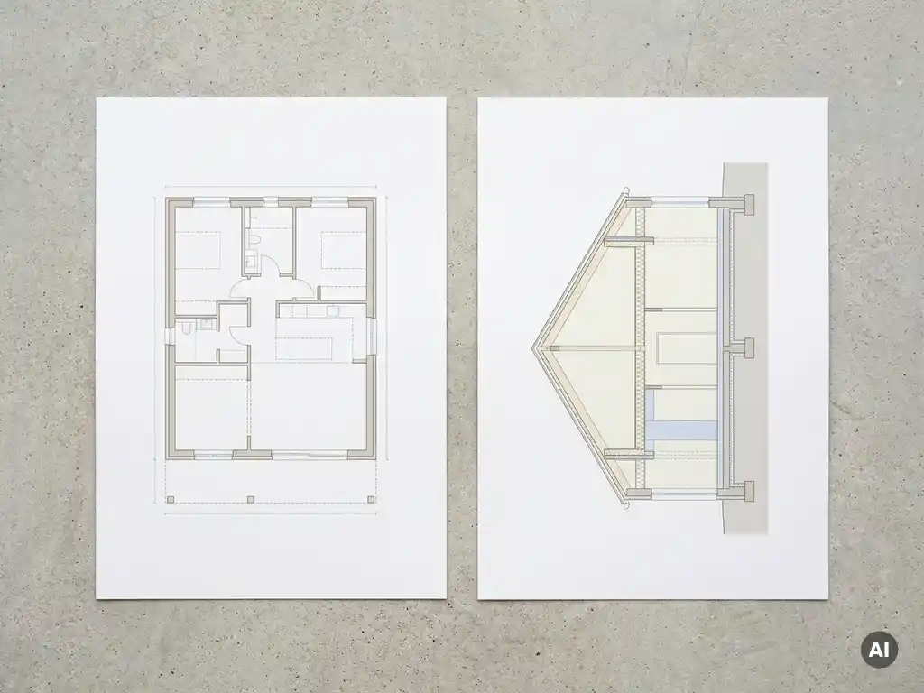 Architecturale plattegrond en bouwtechnische doorsnede naast elkaar op betonnen ondergrond, met kamermetingen en constructielagen in zachte grijze en blauwe tinten.