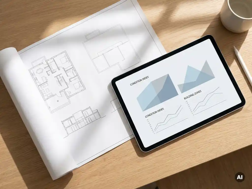 Architecturale bouwtekening naast tablet met gebouwconditie-grafiek op licht eiken bureau in natuurlijk daglicht