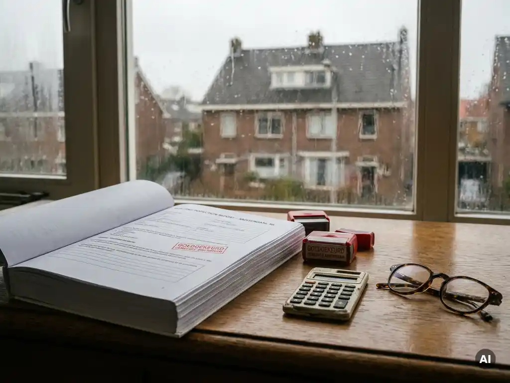 Bouwkundig keuringsrapport met officiële stempels op houten bureau, naast rekenmachine en leesbril, Nederlands woonhuis zichtbaar door regenachtig raam.