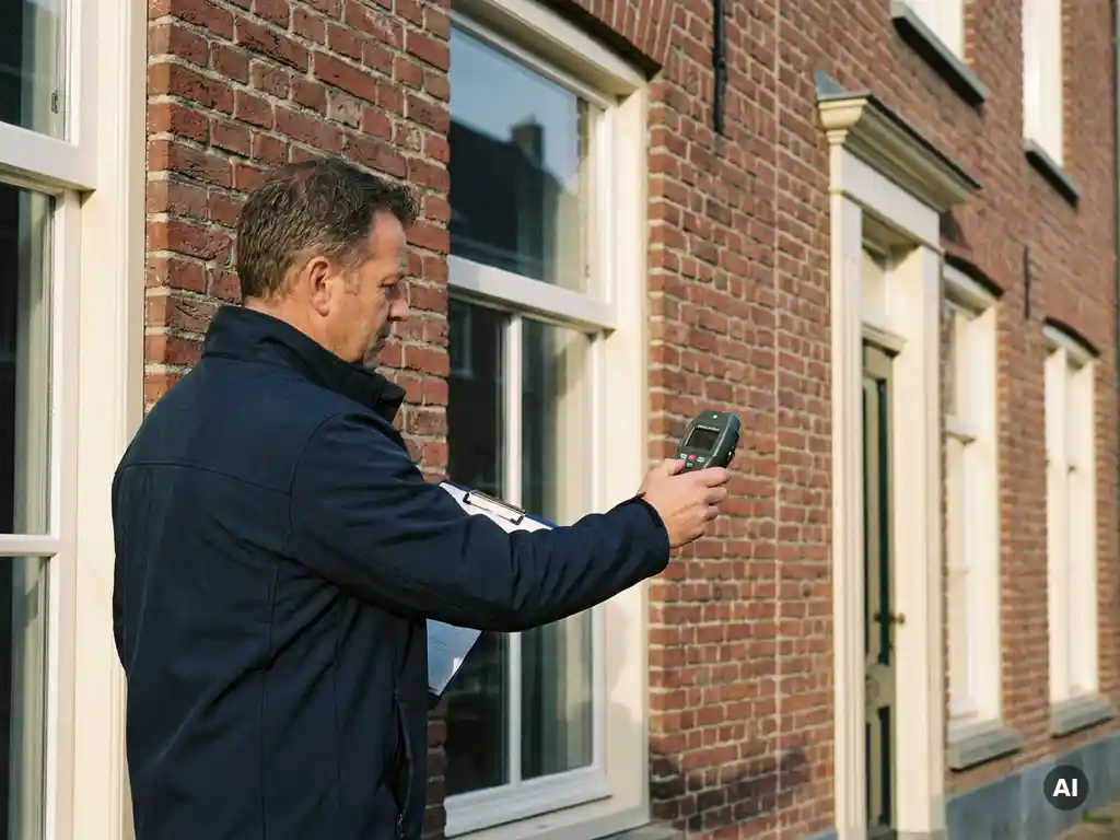Bouwinspecteur meet vochtgehalte van rode bakstenen gevel bij Nederlands woonhuis met witte kozijnen