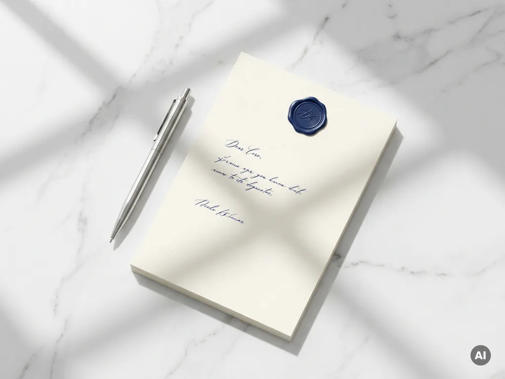 Officieel document met ronde certificeringsstempel op wit marmer, zilveren pen diagonaal ernaast, minimalistische flatlay met zachte schaduwen.