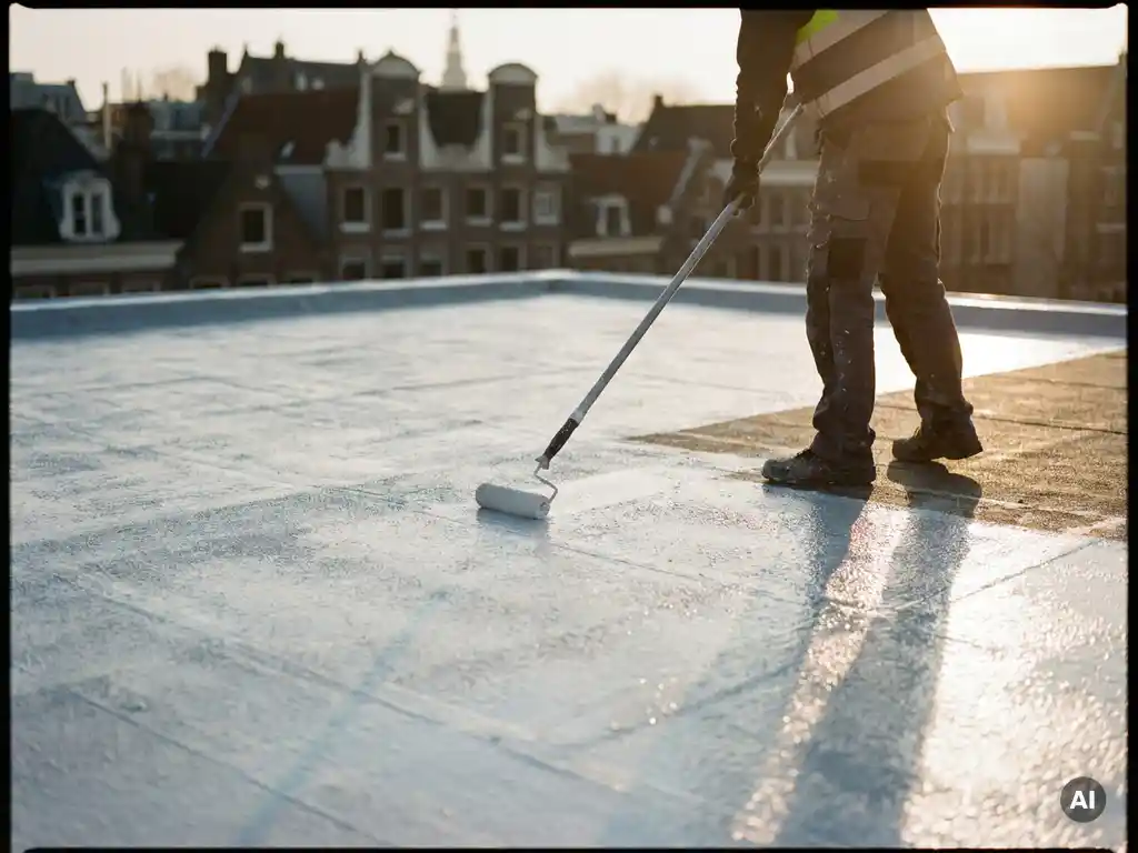 Dakdekker brengt glanzende zilverkleurige coating aan op plat dak met roller, Nederlandse stadsachtergrond in warm middaglicht.